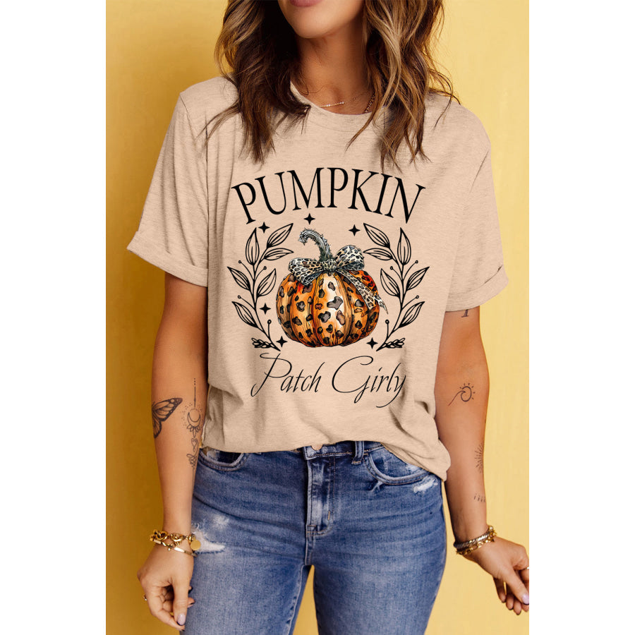 Pumpkin Graphic Round Neck Short Sleeve T-Shirt Tan / S Apparel and Accessories