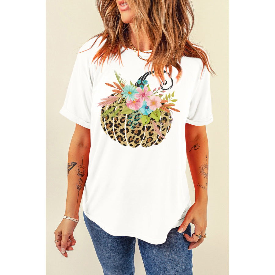 Pumpkin Graphic Round Neck Short Sleeve T-Shirt White / S Apparel and Accessories