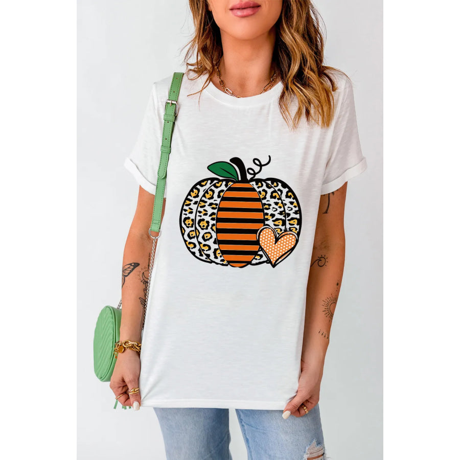 Pumpkin Graphic Round Neck Short Sleeve T-Shirt White / S Apparel and Accessories