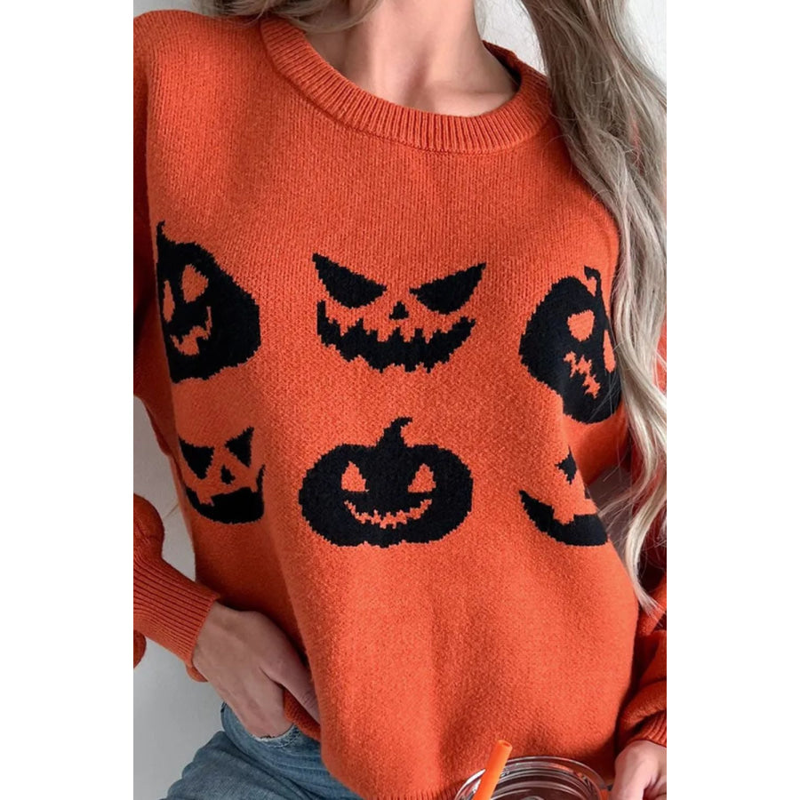 Pumpkin Pattern Round Neck Sweater Apparel and Accessories