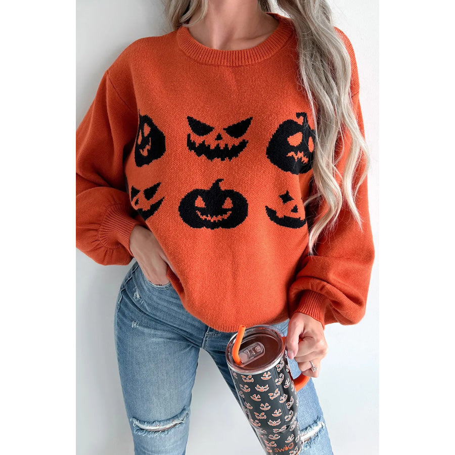 Pumpkin Pattern Round Neck Sweater Orange / S Apparel and Accessories