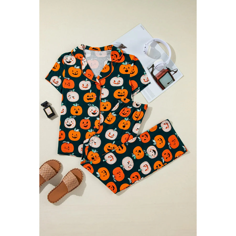 Pumpkin Printed Short Sleeve Top and Pants Lounge Set Apparel and Accessories