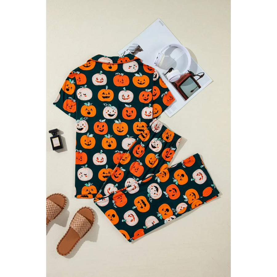 Pumpkin Printed Short Sleeve Top and Pants Lounge Set Apparel and Accessories