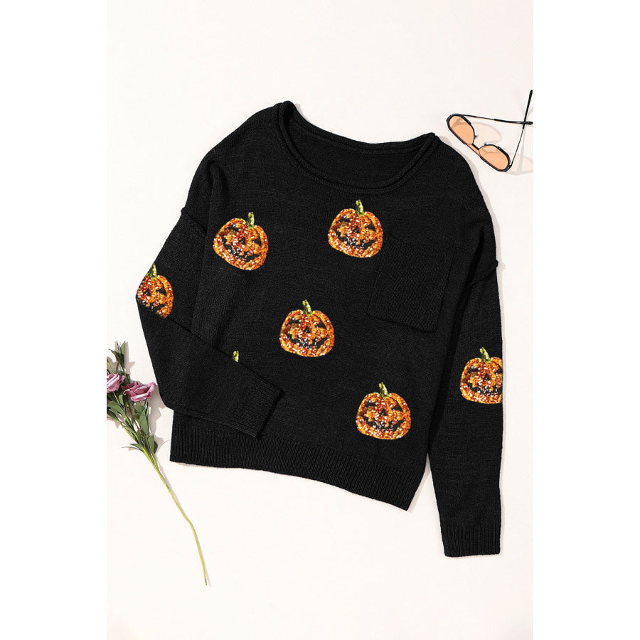 Pumpkin Round Neck Long Sleeve Knit Top Apparel and Accessories