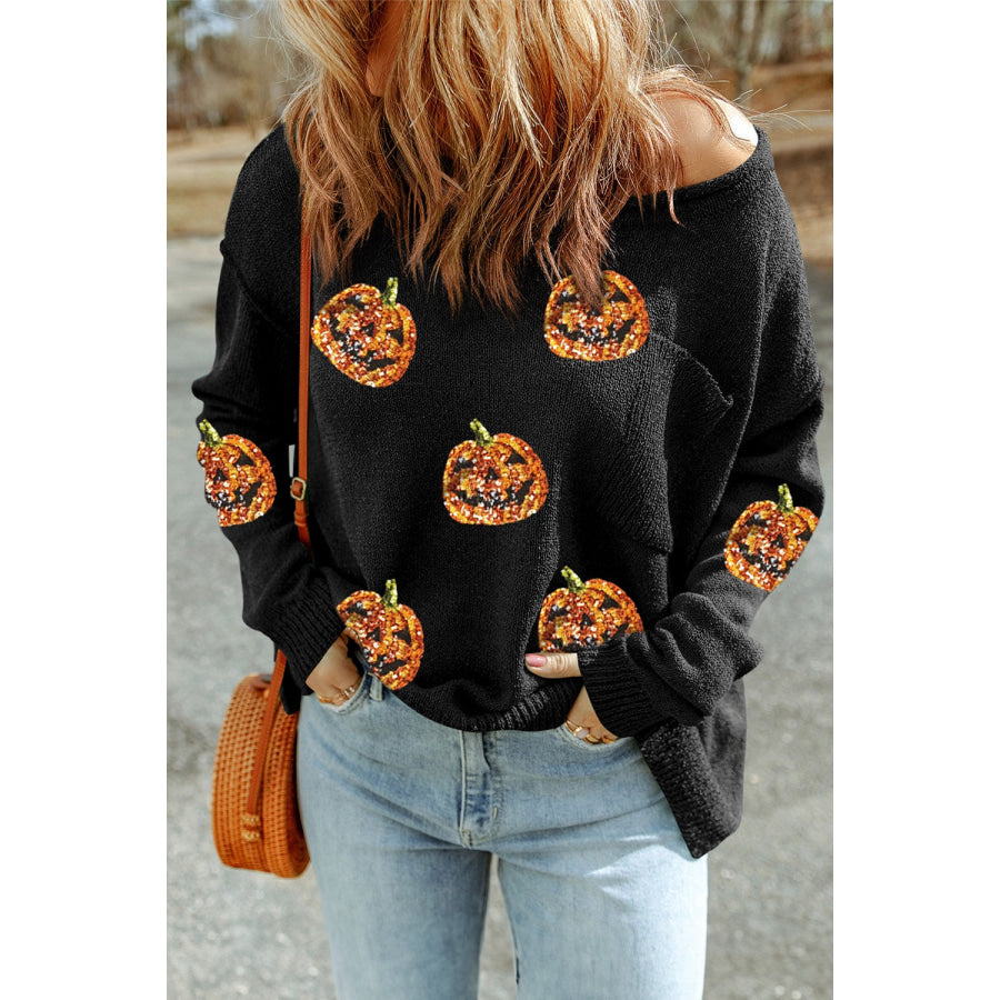 Pumpkin Round Neck Long Sleeve Knit Top Black / S Apparel and Accessories