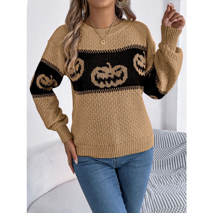 Pumpkin Round Neck Long Sleeve Sweater Apparel and Accessories