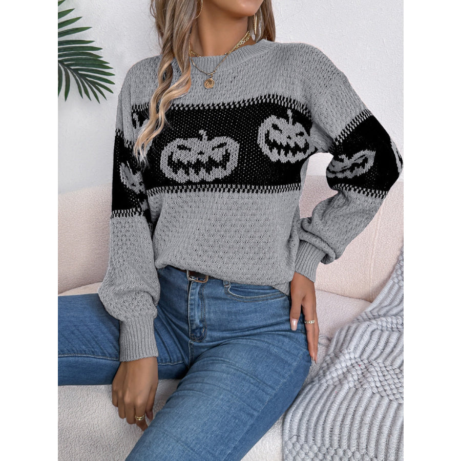 Pumpkin Round Neck Long Sleeve Sweater Apparel and Accessories