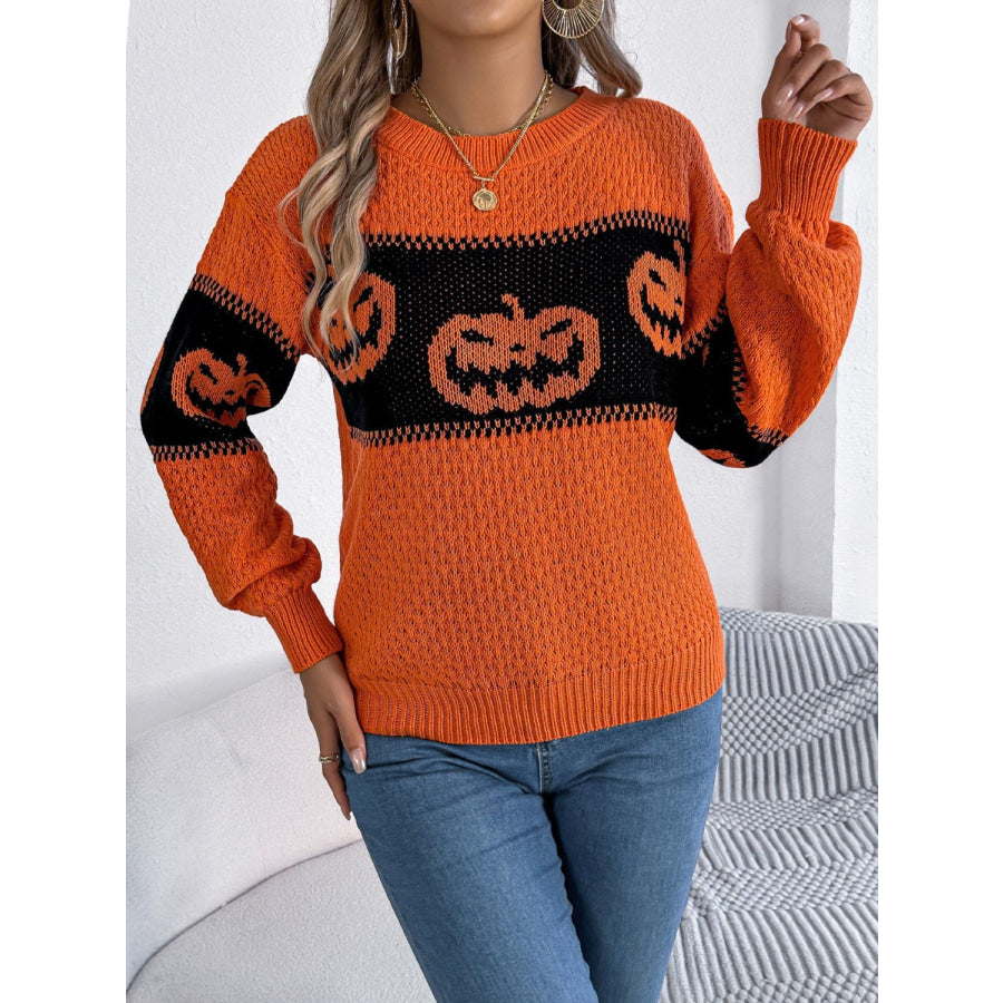 Pumpkin Round Neck Long Sleeve Sweater Apparel and Accessories