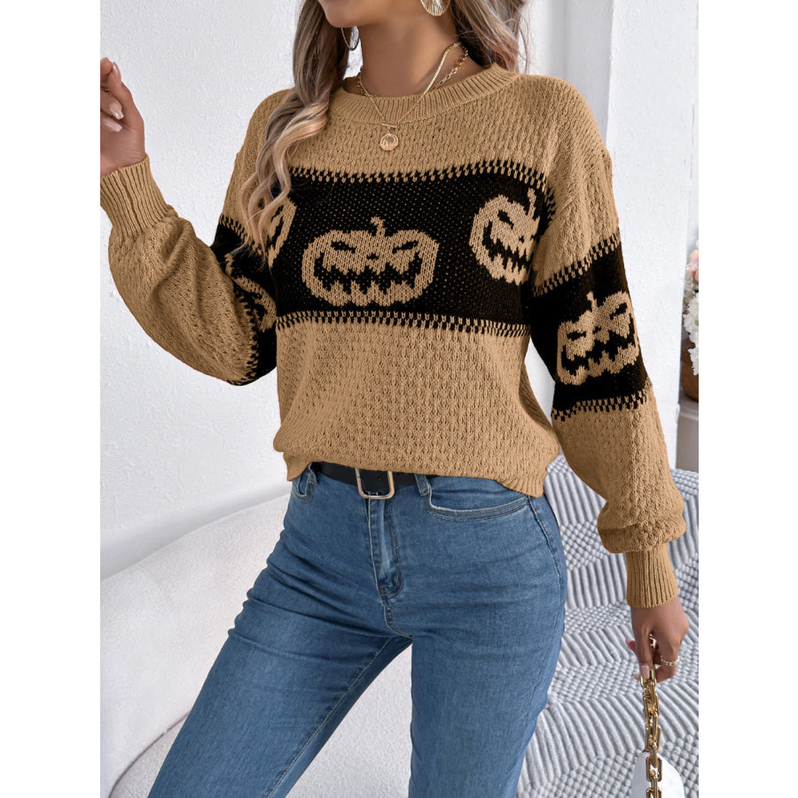 Pumpkin Round Neck Long Sleeve Sweater Apparel and Accessories