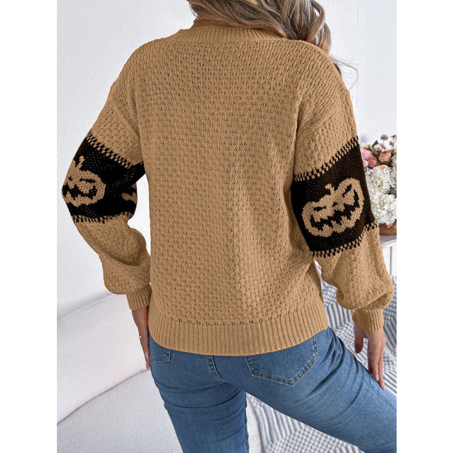 Pumpkin Round Neck Long Sleeve Sweater Apparel and Accessories