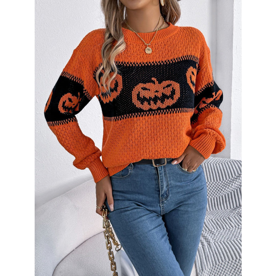 Pumpkin Round Neck Long Sleeve Sweater Apparel and Accessories