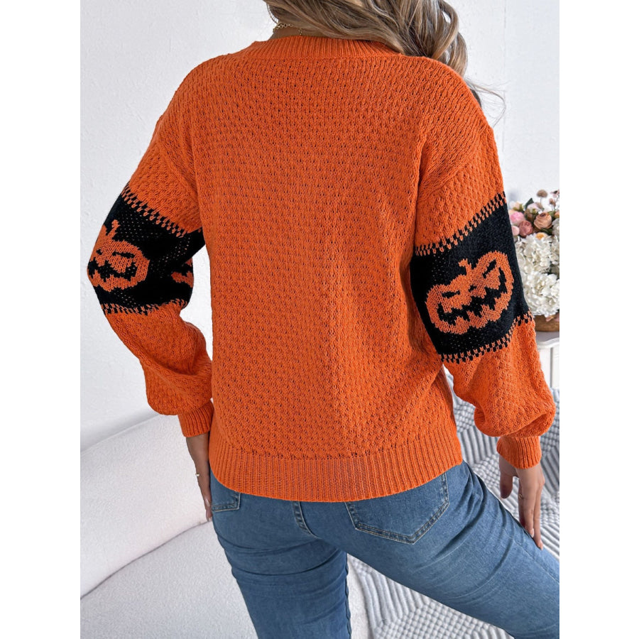 Pumpkin Round Neck Long Sleeve Sweater Apparel and Accessories