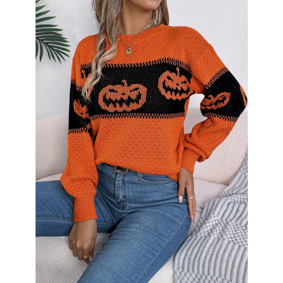 Pumpkin Round Neck Long Sleeve Sweater Apparel and Accessories