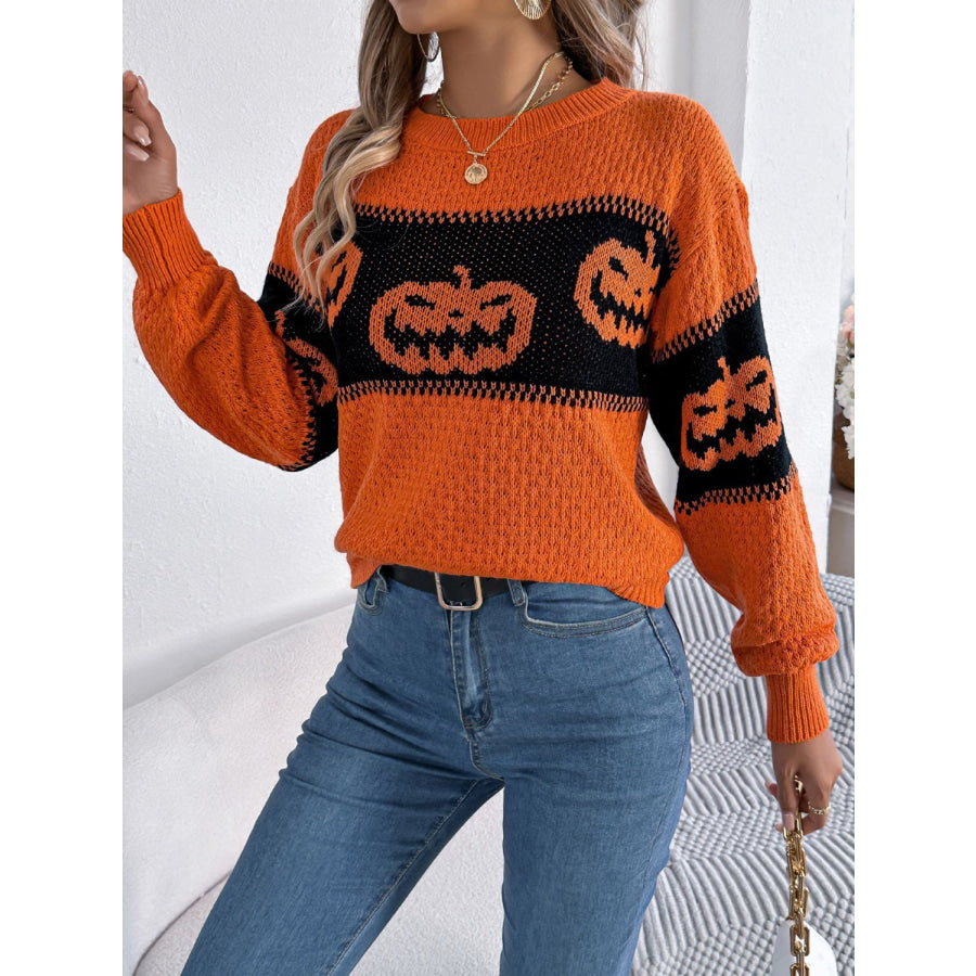 Pumpkin Round Neck Long Sleeve Sweater Apparel and Accessories