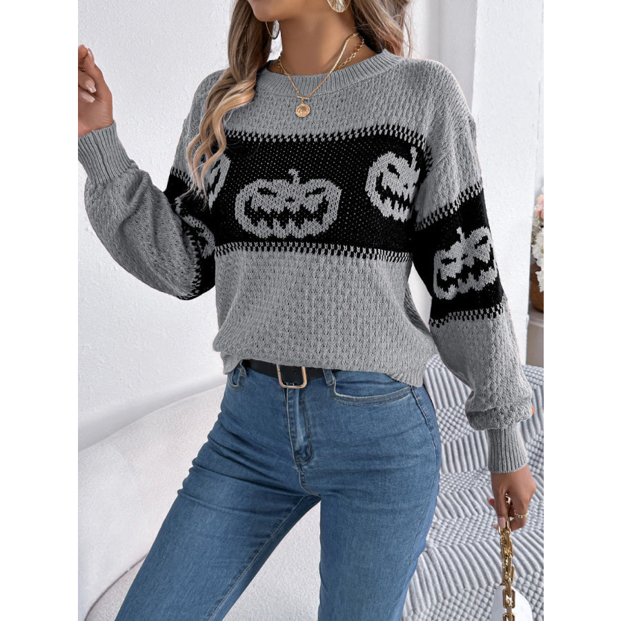 Pumpkin Round Neck Long Sleeve Sweater Apparel and Accessories