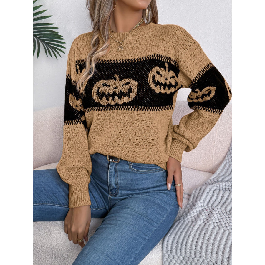 Pumpkin Round Neck Long Sleeve Sweater Apparel and Accessories