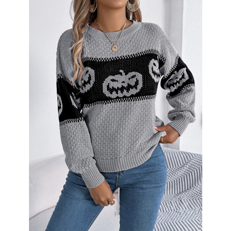 Pumpkin Round Neck Long Sleeve Sweater Gray / S Apparel and Accessories