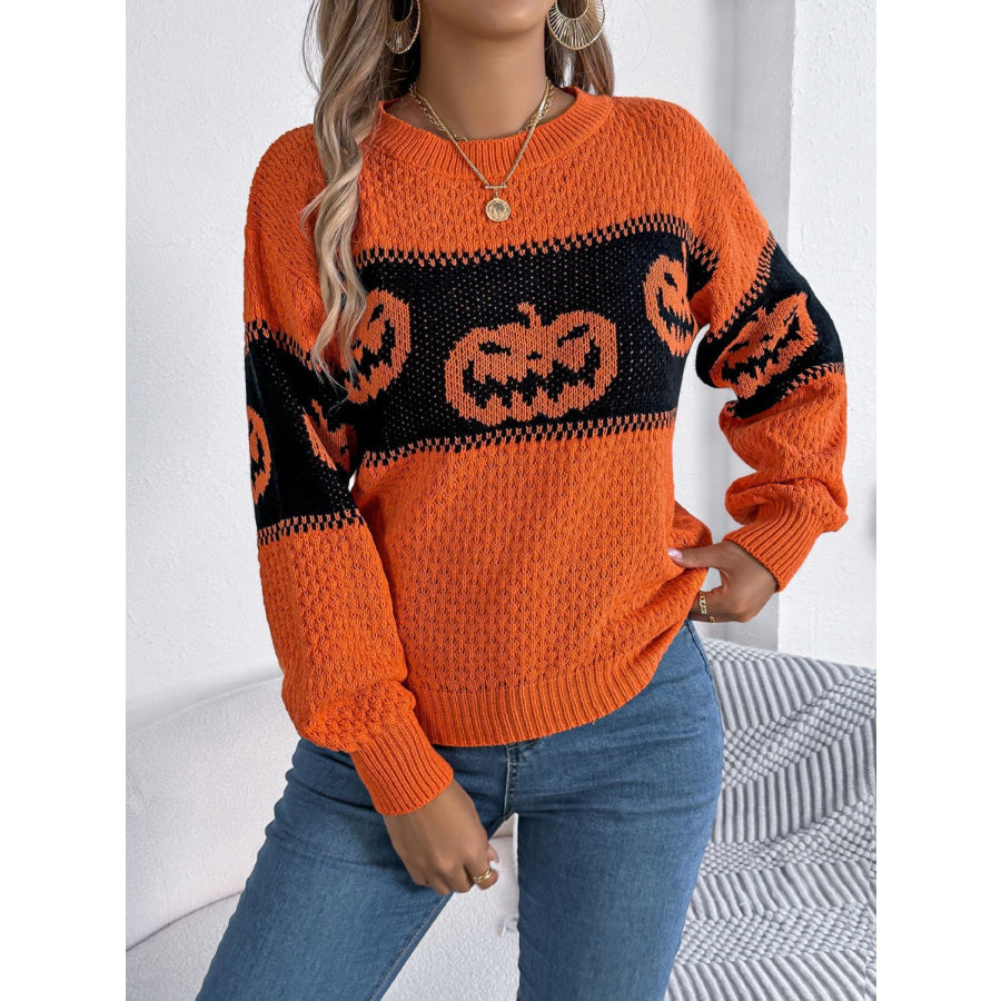 Pumpkin Round Neck Long Sleeve Sweater Orange / S Apparel and Accessories