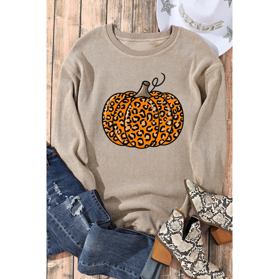 Pumpkin Round Neck Long Sleeve Sweatshirt Khaki / S Apparel and Accessories