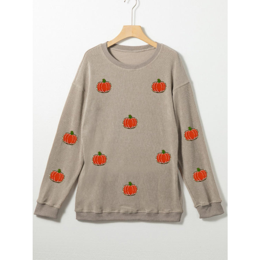 Pumpkin Round Neck Long Sleeve Sweatshirt Dust Storm / S Apparel and Accessories