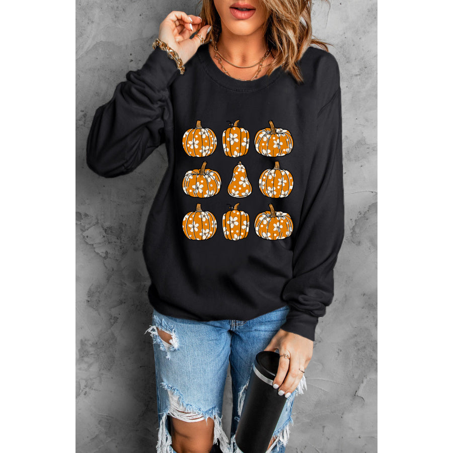 Pumpkin Round Neck Long Sleeve Sweatshirt Black / S Apparel and Accessories