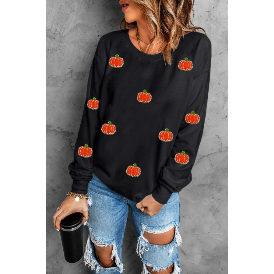 Pumpkin Round Neck Long Sleeve Sweatshirt Black / S Apparel and Accessories