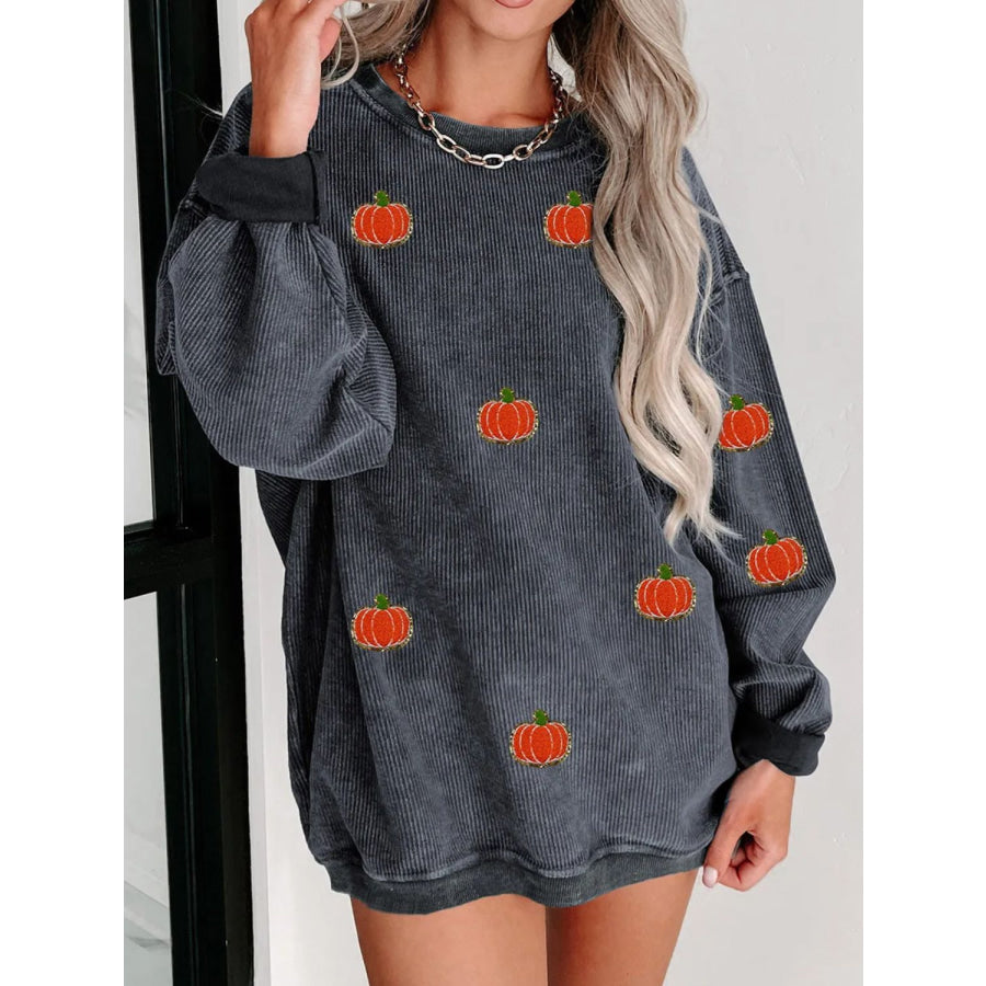 Pumpkin Round Neck Long Sleeve Sweatshirt Dark Gray / S Apparel and Accessories