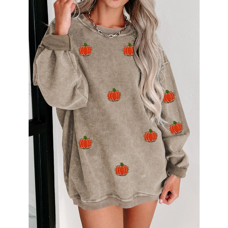 Pumpkin Round Neck Long Sleeve Sweatshirt Dust Storm / S Apparel and Accessories