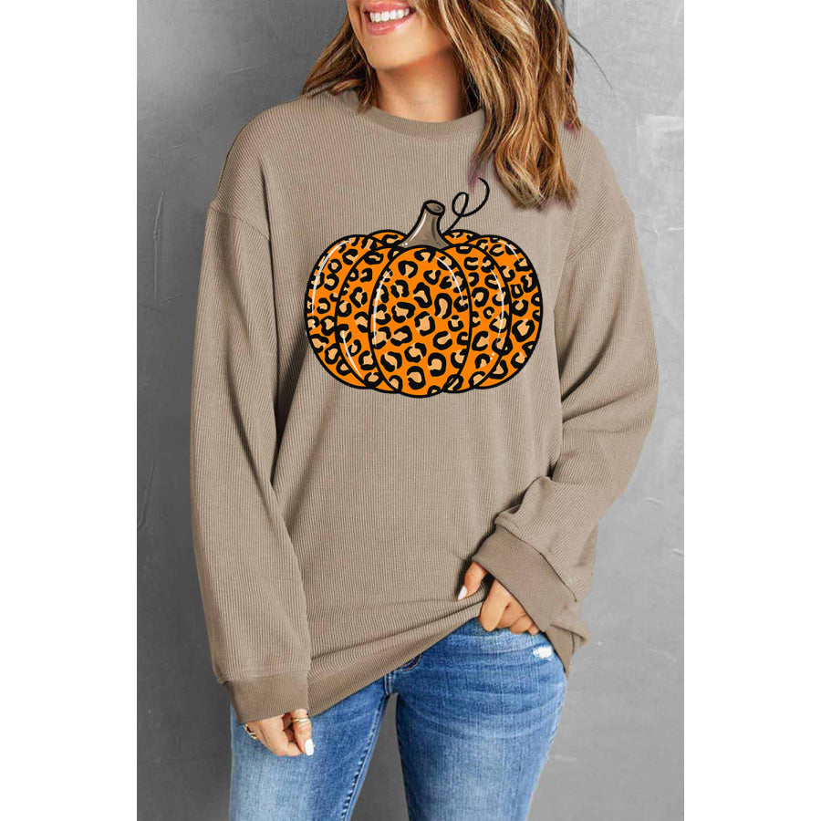 Pumpkin Round Neck Long Sleeve Sweatshirt Khaki / S Apparel and Accessories
