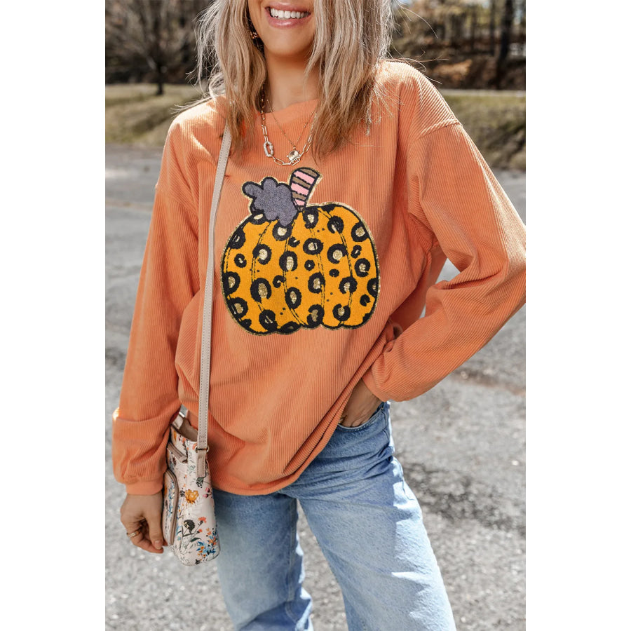 Pumpkin Round Neck Long Sleeve Sweatshirt Sherbet / S Apparel and Accessories