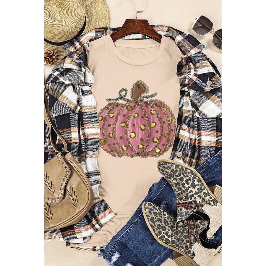 Pumpkin Round Neck Short Sleeve T-Shirt Tan / S Apparel and Accessories