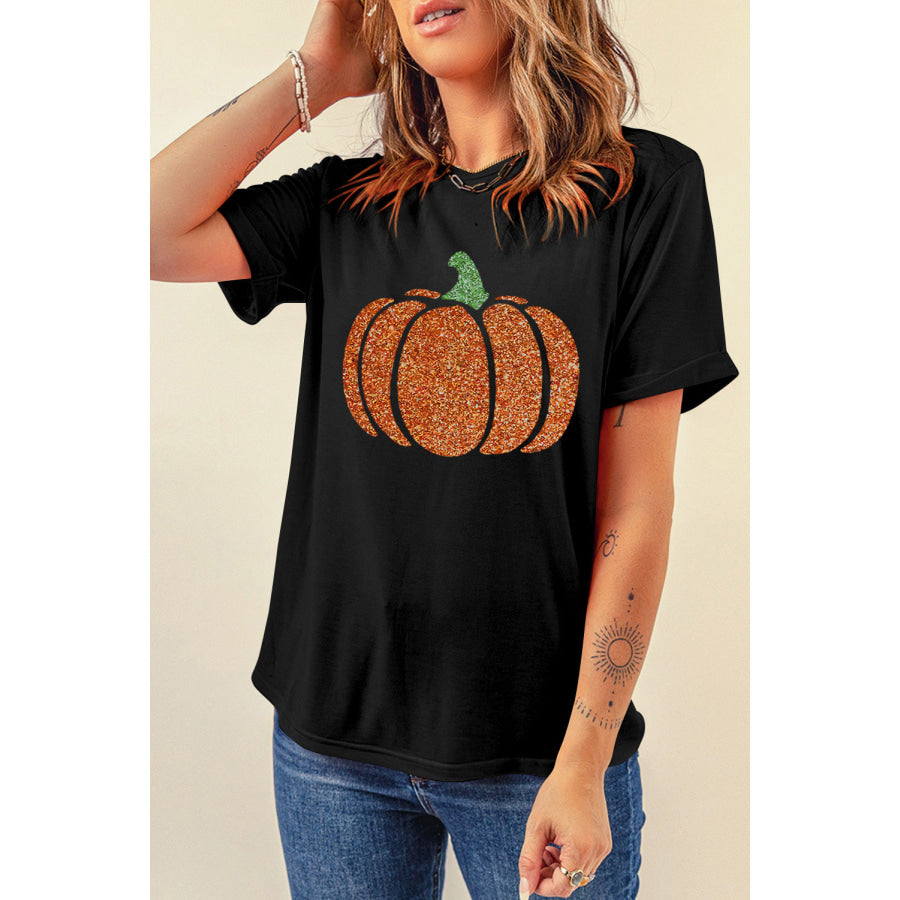 Pumpkin Round Neck Short Sleeve T-Shirt Black / S Apparel and Accessories