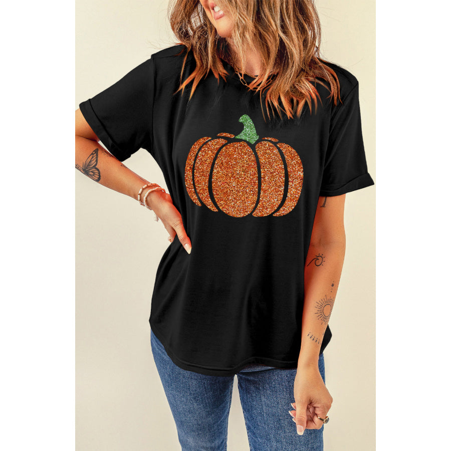 Pumpkin Round Neck Short Sleeve T-Shirt Black / S Apparel and Accessories