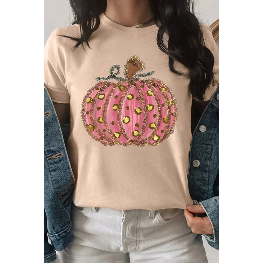 Pumpkin Round Neck Short Sleeve T-Shirt Tan / S Apparel and Accessories