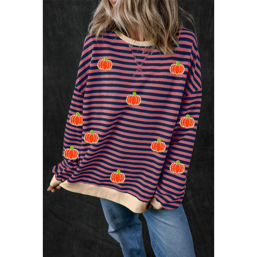 Pumpkin Striped Long Sleeve Sweatshirt Dusty Pink / S Apparel and Accessories