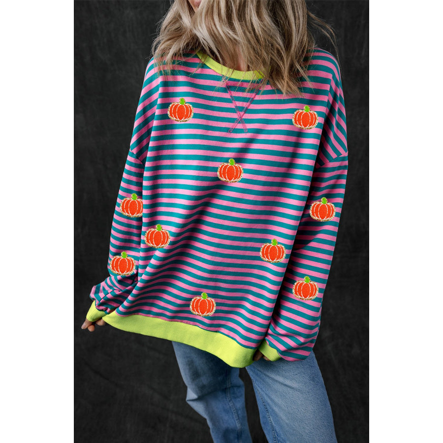 Pumpkin Striped Long Sleeve Sweatshirt Moonlit Mauve / S Apparel and Accessories