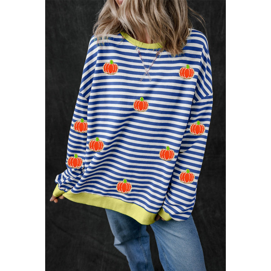 Pumpkin Striped Long Sleeve Sweatshirt Navy / S Apparel and Accessories