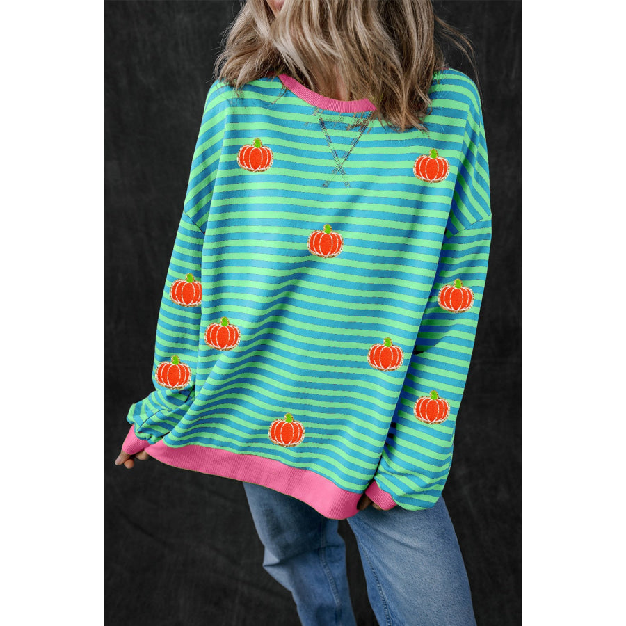 Pumpkin Striped Long Sleeve Sweatshirt Turquoise / S Apparel and Accessories