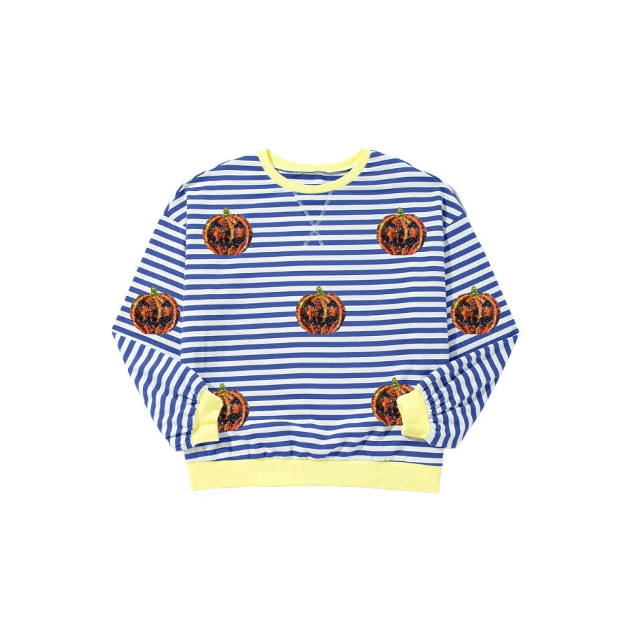 Pumpkin Striped Round Neck Long Sleeve Sweatshirt Apparel and Accessories