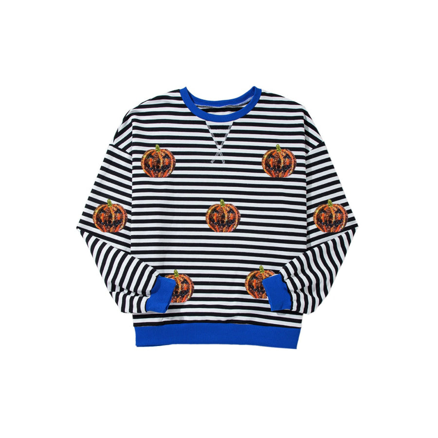 Pumpkin Striped Round Neck Long Sleeve Sweatshirt Apparel and Accessories