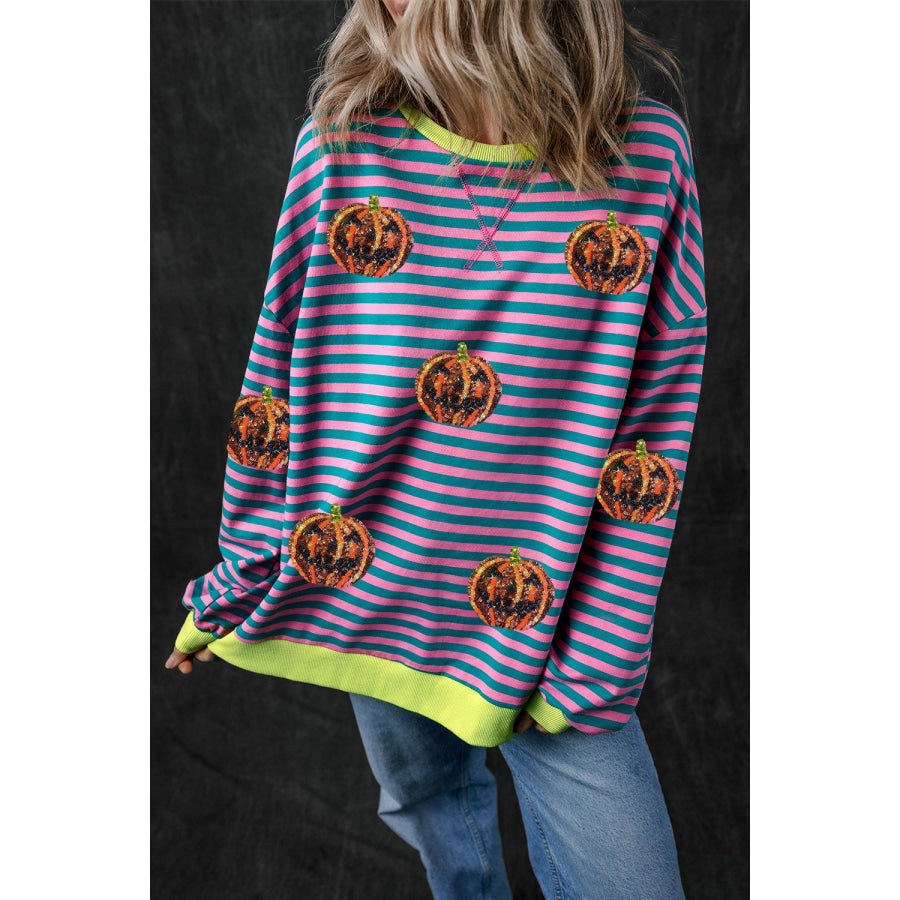 Pumpkin Striped Round Neck Long Sleeve Sweatshirt Apparel and Accessories