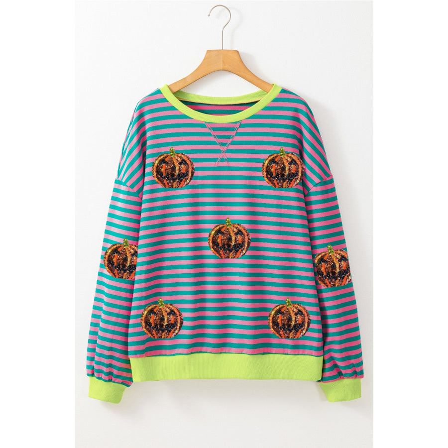 Pumpkin Striped Round Neck Long Sleeve Sweatshirt Apparel and Accessories