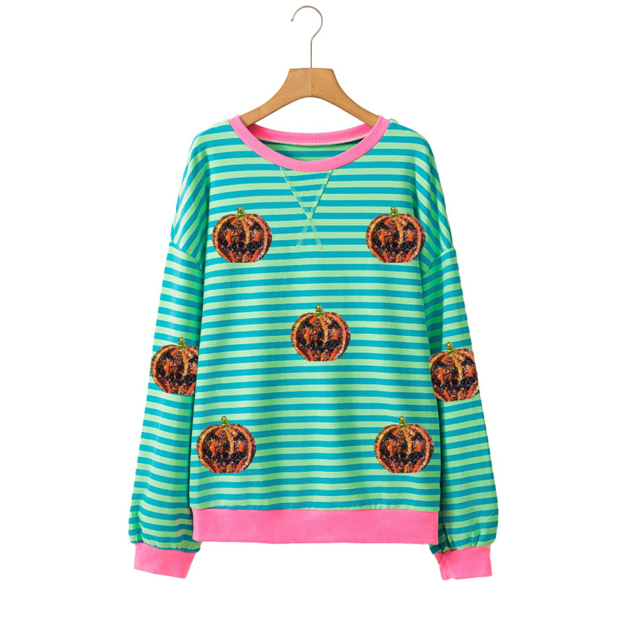 Pumpkin Striped Round Neck Long Sleeve Sweatshirt Apparel and Accessories