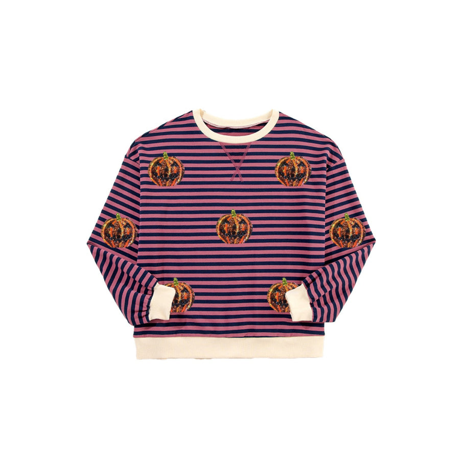 Pumpkin Striped Round Neck Long Sleeve Sweatshirt Apparel and Accessories