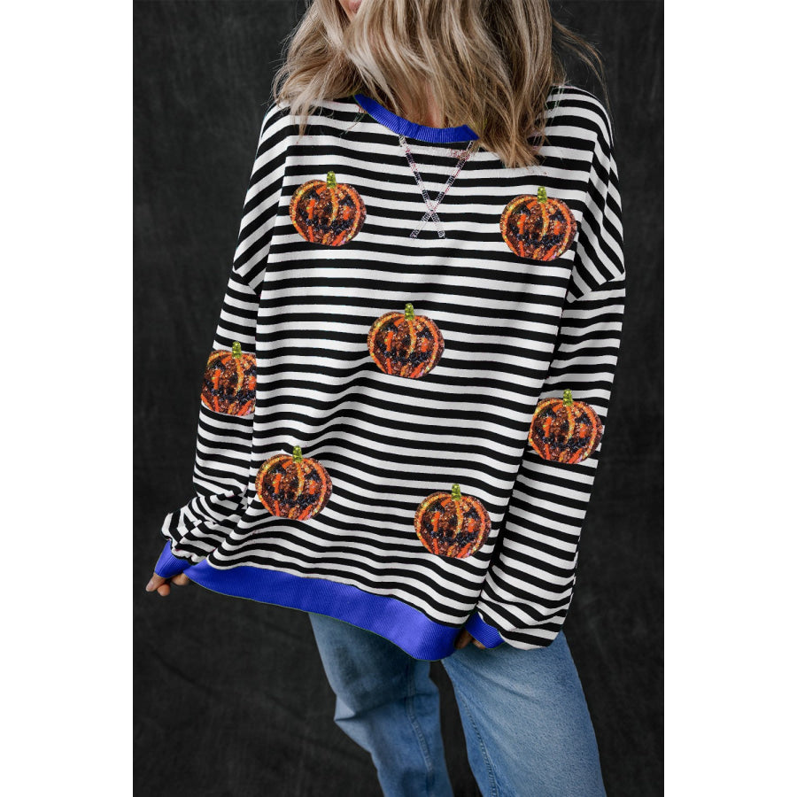 Pumpkin Striped Round Neck Long Sleeve Sweatshirt Black / S Apparel and Accessories