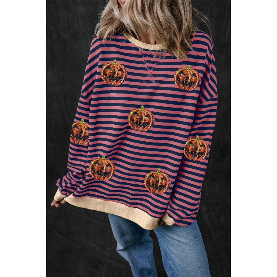 Pumpkin Striped Round Neck Long Sleeve Sweatshirt Dusty Pink / S Apparel and Accessories