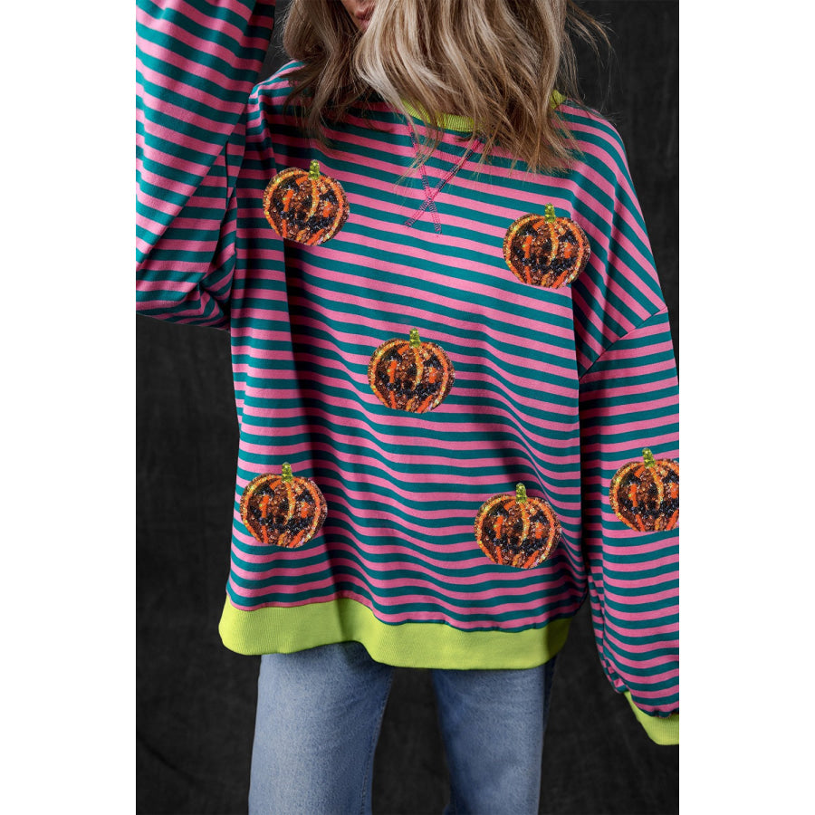 Pumpkin Striped Round Neck Long Sleeve Sweatshirt Moonlit Mauve / S Apparel and Accessories