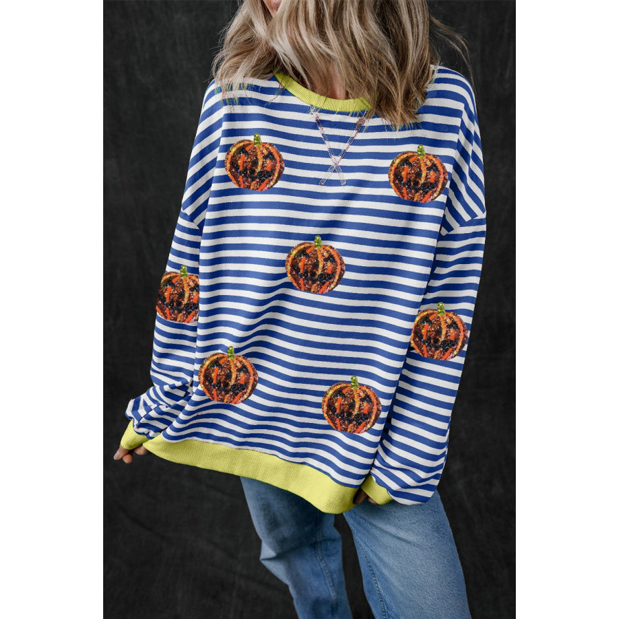 Pumpkin Striped Round Neck Long Sleeve Sweatshirt Navy / S Apparel and Accessories