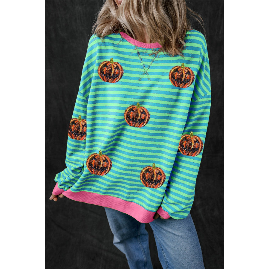 Pumpkin Striped Round Neck Long Sleeve Sweatshirt Turquoise / S Apparel and Accessories