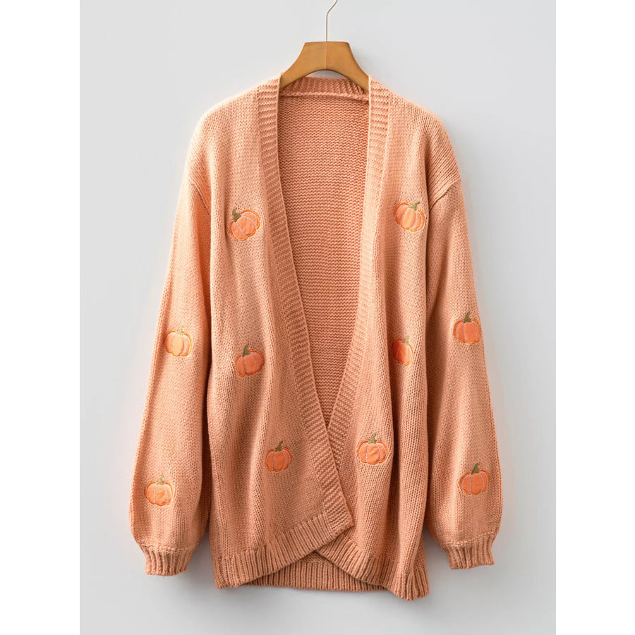 Pumpkin Tree Print Open Front Drop Shoulder Midi Cardigan Apparel and Accessories